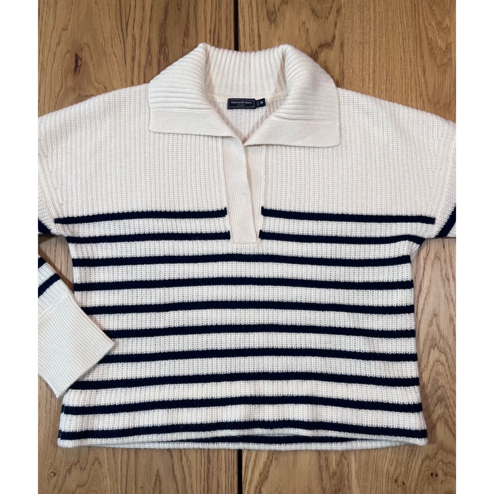 Vineyard Vines Seaspun Cashmere Polo Sweater Medium White Navy Stripe Nautical